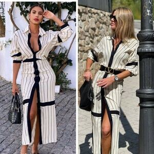 🆕 ZARA Woman Long Geometric Striped Shirt Dress in Ecru